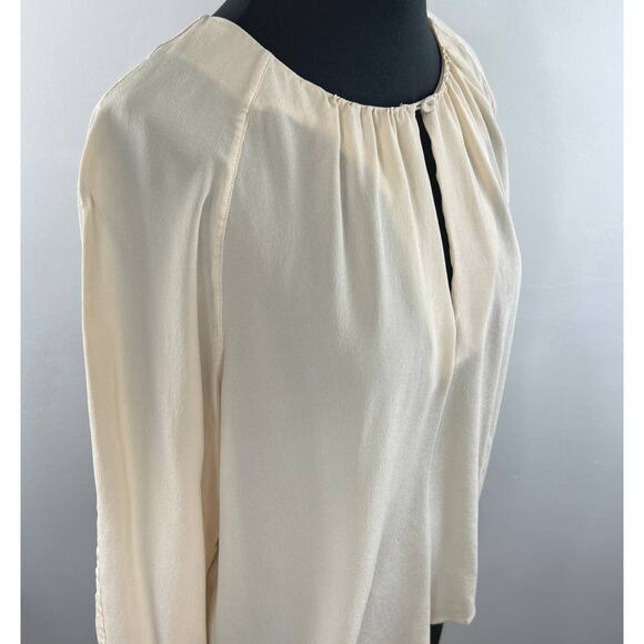 CLOSED Beige Silk Crepe Long Sleeve Semi-Sheer Blouse with Keyhole Neckline L - Picture 3 of 7